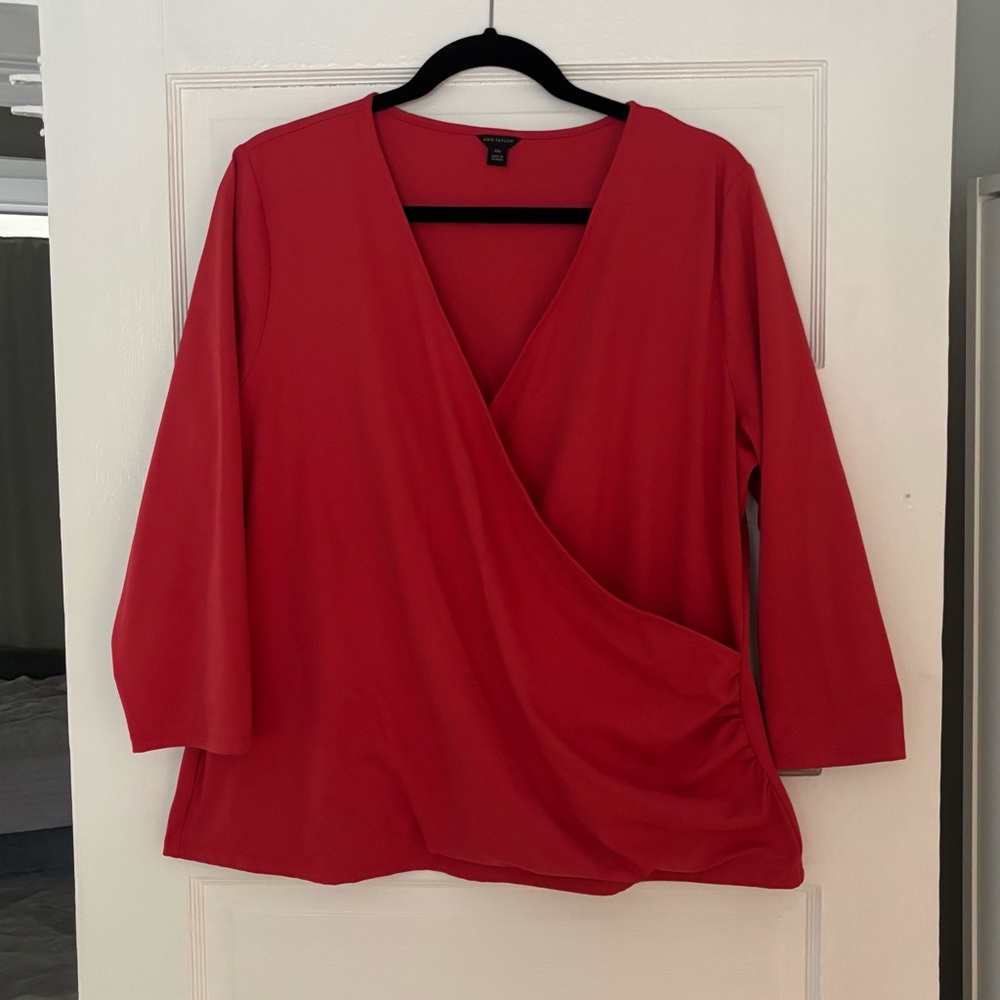 Ann Taylor Soft Red Faux Wrap Blouse with 3/4 Sleeves
